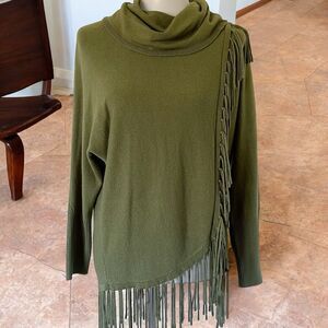 New Directions Petite PL Petite Large Sweater Green Faux Wrap Fringe Accent Long